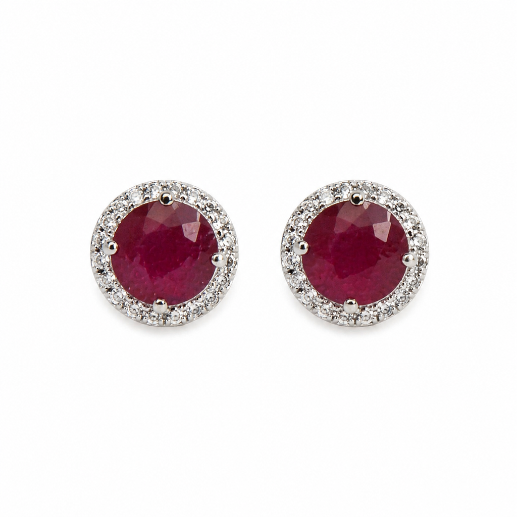 Aretes De Oro Blanco 14K, Diamante Y Rubíes
