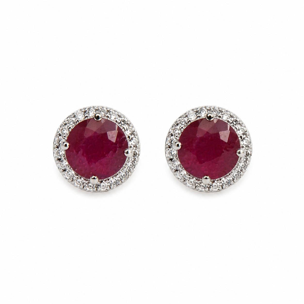 Aretes De Oro Blanco 14K, Diamante Y Rubíes
